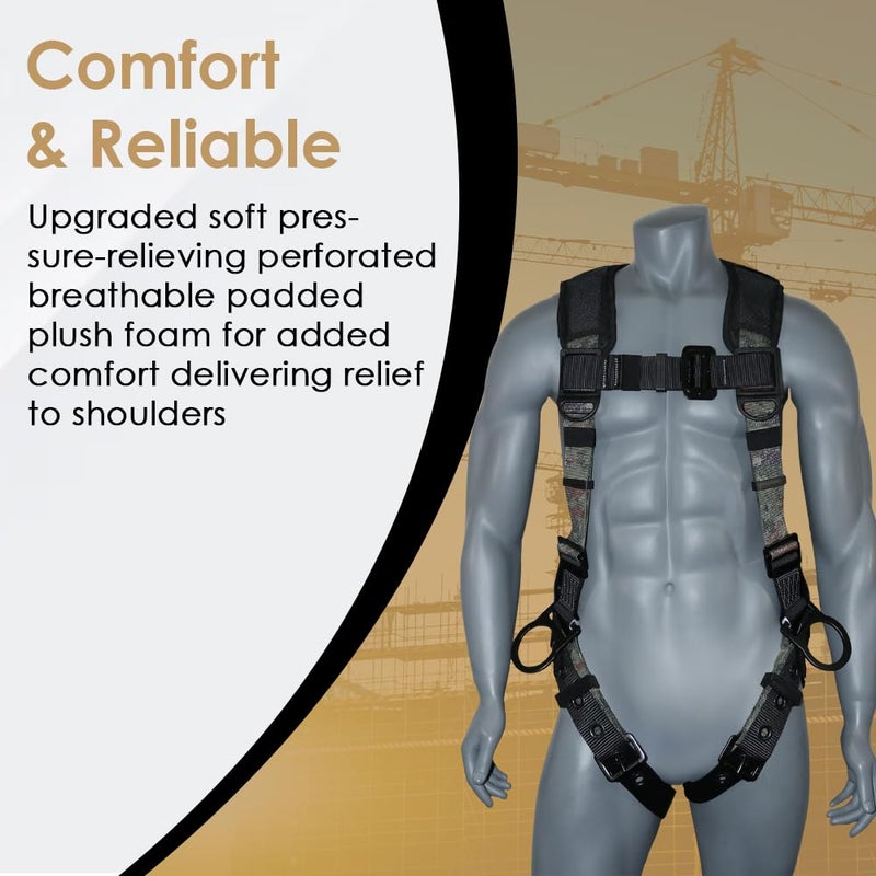afp Camouflage Universal Fall Protection Ergonomic Comfort Safety Harness, Soft Pressure-Relieving Perforated Breathable Padded Foam Shoulder, 3 D-Rings, Tongue Buckle, Mating Buckle (OSHA/ANSI PPE) - Image 2